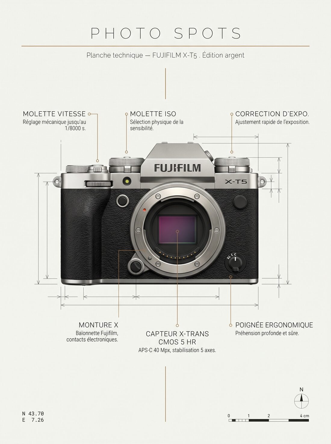Photo Spots — planche technique Fujifilm X-T5, édition argent